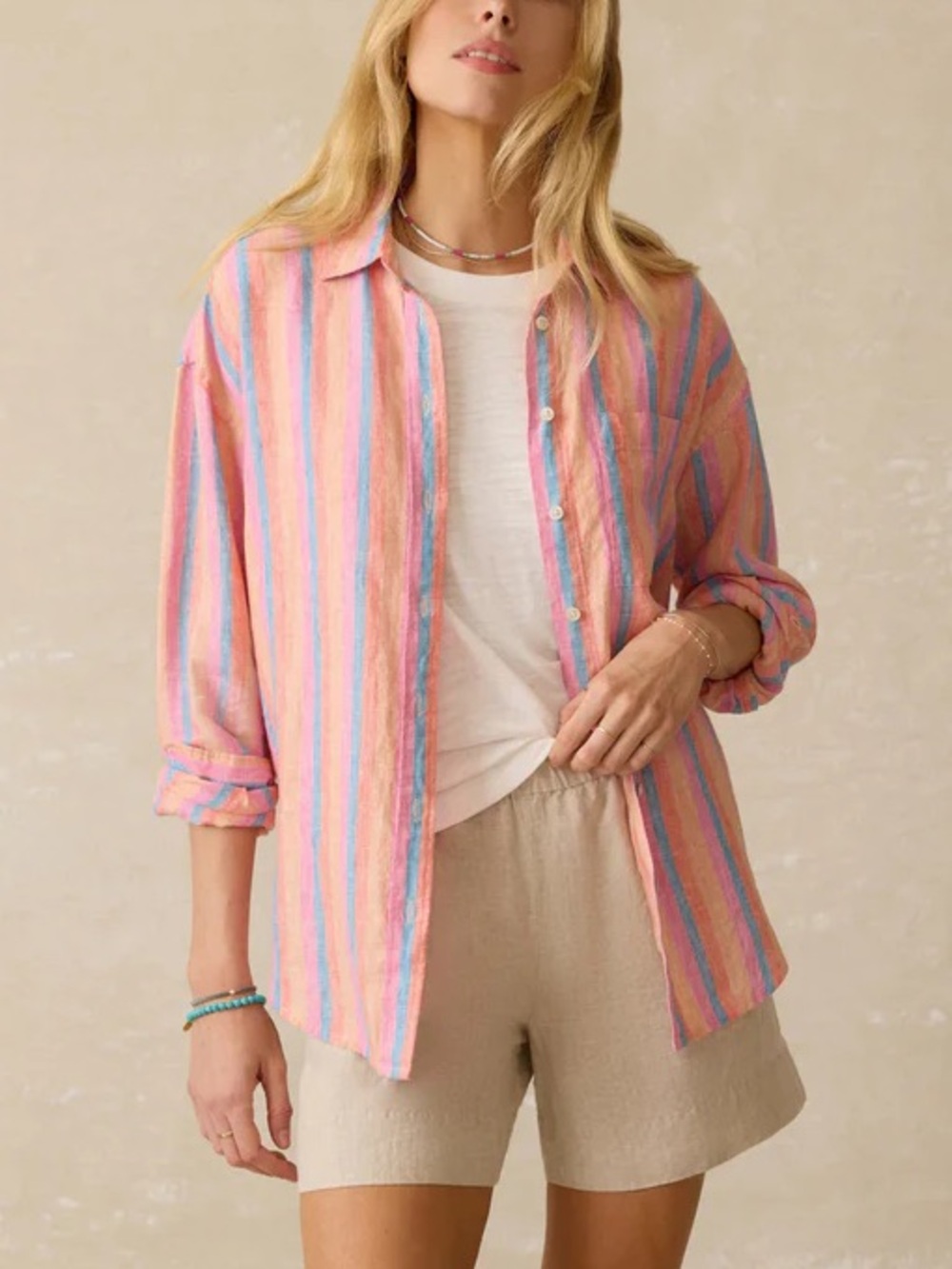 Faherty Laguna 100% Linen Rainbow Stripe Button Up Oversized Relaxed Fit Shirt L